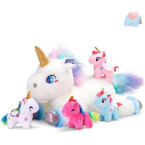 WEWILL 19'' Rainbow Unicorn Stuffed Animal Plush Toys with 4 Cute Babies Unicorn Birthday Christmas Holiday Monther's Day Gifts for Toddlers Girls