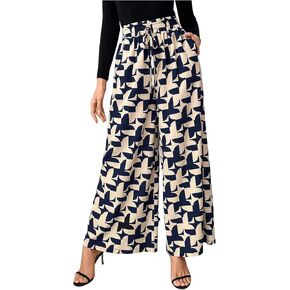 WDIRARA Women's Printed Drawstring Waist Wide Leg Long Pants Trousers with Pockets