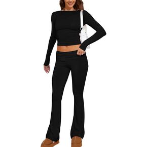 Women's 2 Pieces Outfits Lounge Set Outfit Basic Crop Tops Long Sleeve Wide Leg Low Rise Yoga Lounge Pant Women