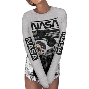 WLLW Women Long Sleeve Graphic Shirts NASA Letter Print Crew Neck Tee Tops Blouse Sweatshirts