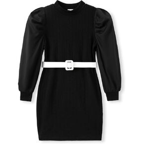 فستان PATPAT Gilrs للخريف والشتاء منسوج بودي كورن برقبة وهمية وأكمام طويلة وأكمام طويلة بحزام فستان قصير من 4 إلى 12 سنة in Kuwait