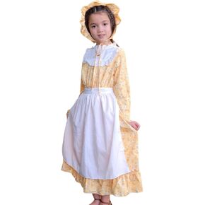 Girls Halloween Colonial Dress Prairie Pioneer Floral Long Sleeve 1800s Pilgrim Dresses with Apron and Bonnet