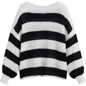 CIDER Women’s Long Sleeve Tops Boat Neck Striped Knit Loose Fit Basic Tee Pullover Sweaters