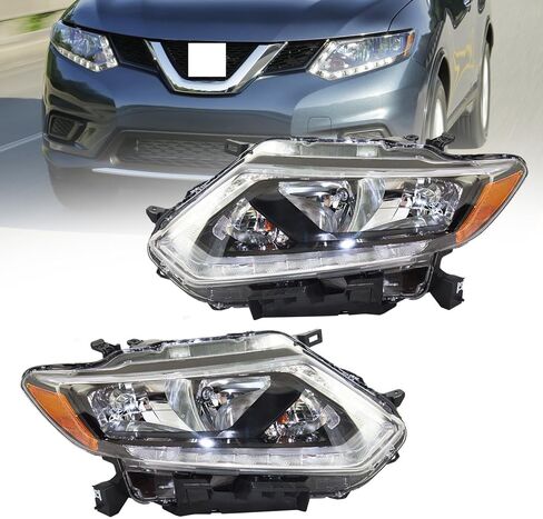 مناسب لمصابيح Nissan Rogue الأمامية 2014 2015 2016 مع LED DRL، متوافق مع المصابيح الأمامية الهالوجين 14-16 Rogue من الكروم، غطاء بديل للسائق من جانب الركاب بدون مصابيح in Kuwait