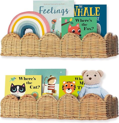 Nursery Book Shelves Set of 2 - Artisan Crafted Rattan Wall Shelf 15.8'' W, Cute Scalloped Book Shelf, Book Shelf for Kids Rooms, Boho Shelf, Kids Bookshelf Wall Mounted, Hanging Bookshelves for Wall in Saudi Arabia