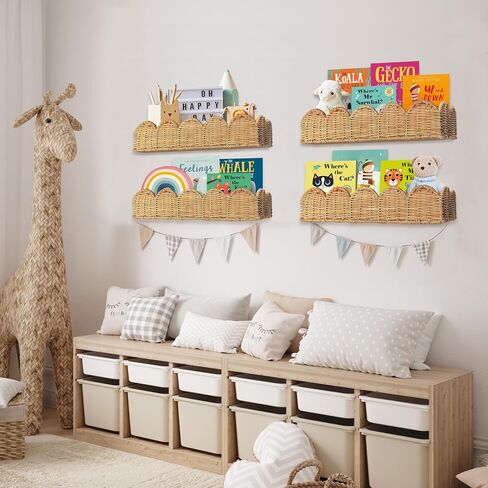 Nursery Book Shelves Set of 2 - Artisan Crafted Rattan Wall Shelf 15.8'' W, Cute Scalloped Book Shelf, Book Shelf for Kids Rooms, Boho Shelf, Kids Bookshelf Wall Mounted, Hanging Bookshelves for Wall in Saudi Arabia