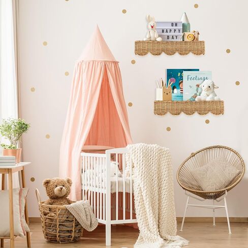 Nursery Book Shelves Set of 2 - Artisan Crafted Rattan Wall Shelf 15.8'' W, Cute Scalloped Book Shelf, Book Shelf for Kids Rooms, Boho Shelf, Kids Bookshelf Wall Mounted, Hanging Bookshelves for Wall in Saudi Arabia