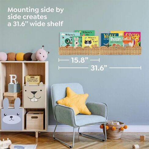 Nursery Book Shelves Set of 2 - Artisan Crafted Rattan Wall Shelf 15.8'' W, Cute Scalloped Book Shelf, Book Shelf for Kids Rooms, Boho Shelf, Kids Bookshelf Wall Mounted, Hanging Bookshelves for Wall in Saudi Arabia