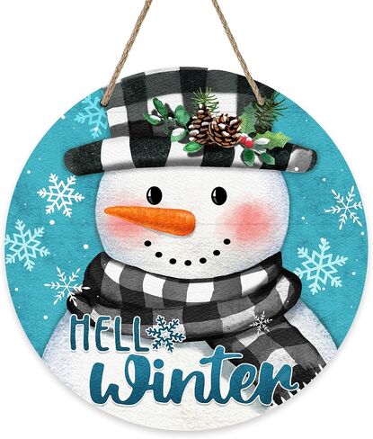 Deroro Hello Winter Snowman Blue Front Door Sign, Buffalo Plaid Check Snowflakes Wood Door Hanger Outdoor Outside Porch Decor, Christmas Holiday Seasonal Wooden Wreath Indoor Wall Hanging Decoration in Saudi Arabia