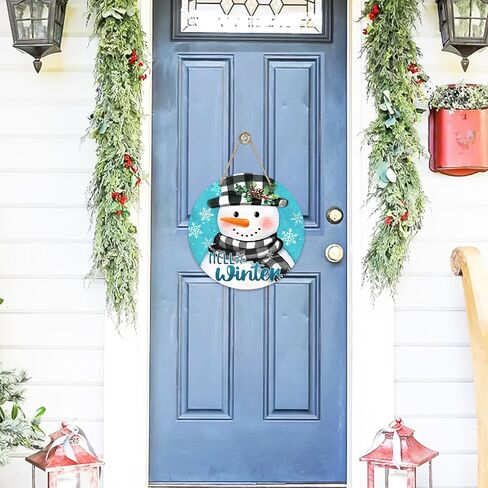 Deroro Hello Winter Snowman Blue Front Door Sign, Buffalo Plaid Check Snowflakes Wood Door Hanger Outdoor Outside Porch Decor, Christmas Holiday Seasonal Wooden Wreath Indoor Wall Hanging Decoration in Saudi Arabia