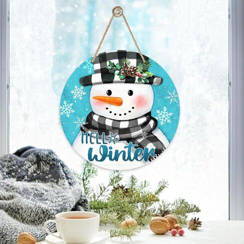 Deroro Hello Winter Snowman Blue Front Door Sign, Buffalo Plaid Check Snowflakes Wood Door Hanger Outdoor Outside Porch Decor, Christmas Holiday Seasonal Wooden Wreath Indoor Wall Hanging Decoration in Saudi Arabia