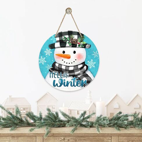 Deroro Hello Winter Snowman Blue Front Door Sign, Buffalo Plaid Check Snowflakes Wood Door Hanger Outdoor Outside Porch Decor, Christmas Holiday Seasonal Wooden Wreath Indoor Wall Hanging Decoration in Saudi Arabia