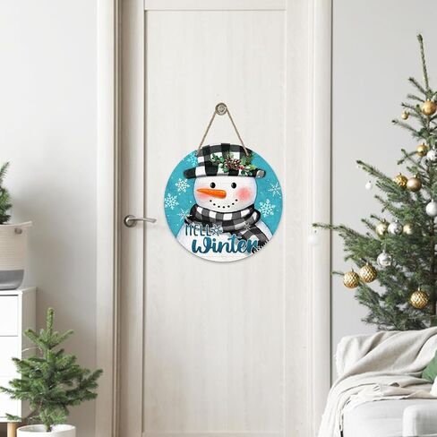 Deroro Hello Winter Snowman Blue Front Door Sign, Buffalo Plaid Check Snowflakes Wood Door Hanger Outdoor Outside Porch Decor, Christmas Holiday Seasonal Wooden Wreath Indoor Wall Hanging Decoration in Saudi Arabia