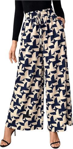 WDIRARA Women's Printed Drawstring Waist Wide Leg Long Pants Trousers with Pockets in Saudi Arabia