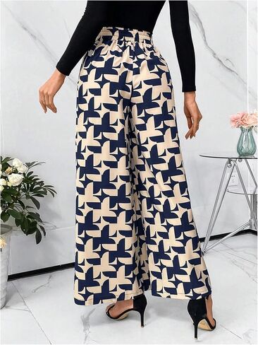 WDIRARA Women's Printed Drawstring Waist Wide Leg Long Pants Trousers with Pockets in Saudi Arabia