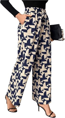 WDIRARA Women's Printed Drawstring Waist Wide Leg Long Pants Trousers with Pockets in Saudi Arabia
