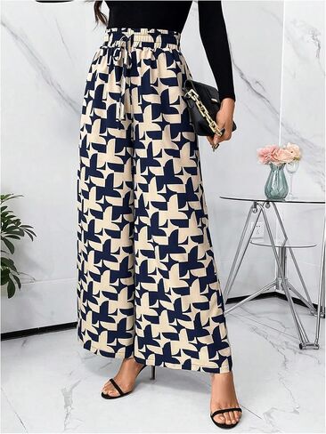 WDIRARA Women's Printed Drawstring Waist Wide Leg Long Pants Trousers with Pockets in Saudi Arabia