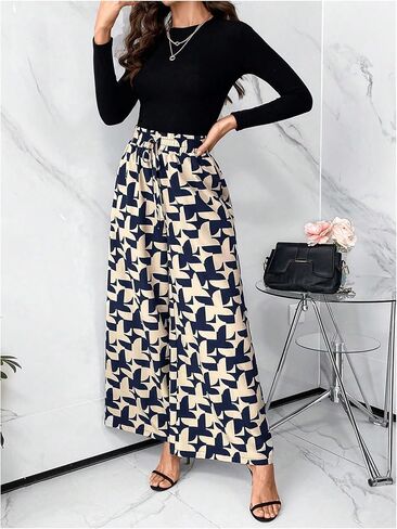 WDIRARA Women's Printed Drawstring Waist Wide Leg Long Pants Trousers with Pockets in Saudi Arabia
