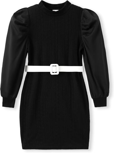 فستان PATPAT Gilrs للخريف والشتاء منسوج بودي كورن برقبة وهمية وأكمام طويلة وأكمام طويلة بحزام فستان قصير من 4 إلى 12 سنة in Kuwait