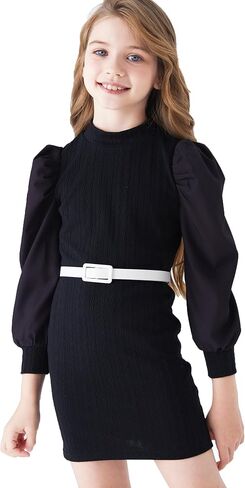 فستان PATPAT Gilrs للخريف والشتاء منسوج بودي كورن برقبة وهمية وأكمام طويلة وأكمام طويلة بحزام فستان قصير من 4 إلى 12 سنة in Kuwait