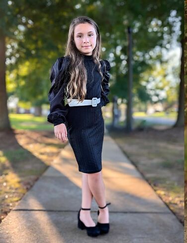 فستان PATPAT Gilrs للخريف والشتاء منسوج بودي كورن برقبة وهمية وأكمام طويلة وأكمام طويلة بحزام فستان قصير من 4 إلى 12 سنة in Kuwait