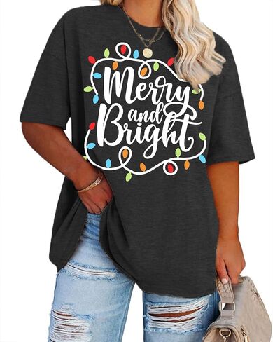 Christmas Plus Size Shirt Women Merry and Bright Tops Holiday Shirt Women Oversized Xmas Tee Fall Tops in Kuwait