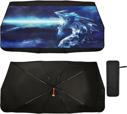 Blue Fire Dragon Car Windshield Sun Shade Umbrella Foldable Car Front Window Sunshade Umbrella UV & Heat Full Cover Car Front Windshield for Most Vehicle in Saudi Arabia