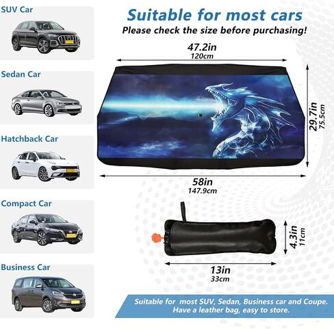 Blue Fire Dragon Car Windshield Sun Shade Umbrella Foldable Car Front Window Sunshade Umbrella UV & Heat Full Cover Car Front Windshield for Most Vehicle in Saudi Arabia
