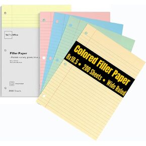 1InTheOffice Colored Filler Paper 8.5x11, Wide Ruled Lined, Pastel, 200/Pack