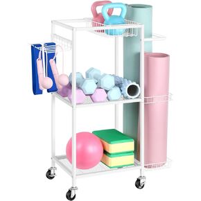 Weight Rack for Dumbbells Yoga Mat Storage Rack Home Gym Equipment Storage Rack Workout Equipment Storage Cart with Hooks for Yoga Mats, Dumbbells, Kettlebells, Foam Rollers, and Resistance Bands