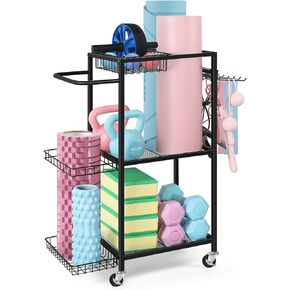LIANTRAL Dumbbell Rack, Yoga Mat Storage Rack, Workout Equipment Storage Rack for Dumbbells Kettlebells Yoga Mat and Balls, Home Gym Storage Organizer with Hooks and Wheels