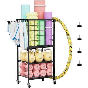 Weight Rack for Home Gym, Workout Equipment Storage Organizer, Home Gym Yoga Mat Storage Rack, Weight Storage Racks with Hooks, Yoga Mat Holder with Wheels for Yoga Block, Dumbbell, Resistance Band