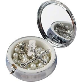 6mm Glass Pearl Prayer Beads First Communion Rosary with Chalice Center Piece and Crucifix in Anti-Silver Plated for Girl Pack in Holy Cup Metal Gift Box