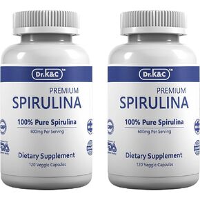Dr.K&C Organic Spirulina Superfood Supplement – Pure Natural Blue Green Microalgae 600 mg 240 Veggie Capsules Health Immune System Antioxidants Protein Fiber No Filler Non GMO Vegan 2pk
