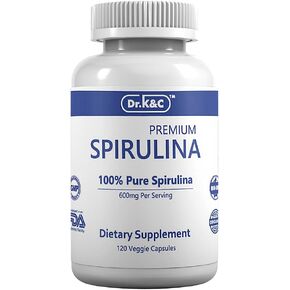 Dr.K&C Organic Spirulina Superfood Supplement – Pure Natural Blue Green Microalgae 600 mg 240 Veggie Capsules Health Immune System Antioxidants Protein Fiber No Filler Non GMO Vegan 2pk