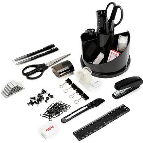 deli Office Supplies Set, 1045 Pcs-Desk Accessory Organizer Kit, Stapler Set, Rotating Multi-Functional Pen Holder, Tape Dispenser, Pens, Binder Clips, Sharpener, Scissor, Eraser, Black