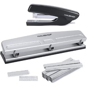 HAUSHOF Desktop Stapler and 3-Hole Punch Set with 5000-Piece Staples and Staple Remover, Office Supplies Compatible with 26/6 and 24/6 Staples