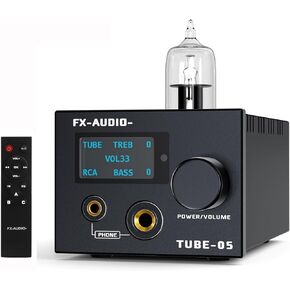 FX-Audio- TUBE-05 HiFi Vacuum 12AU7 Tube Headphone amp Bass Treble EQ Preamp, for 30-600Ω Headphone, with Remote Control