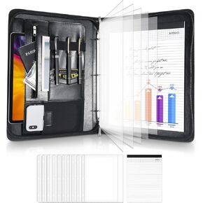 Portfolio 3-Ring Padfolio Folder Organizer, PU Leather Business Planner A4 Notepad Zipper File Binder Clipboard Removable Document Sleeve for Resume Interview Meeting -Black