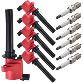 ENA Set of 6 Red Ignition Coil Pack and Platinum Spark Plug 3.0 Compatible with Ford Mazda Mercury 2001 2002 2003 Taurus, 2001-2011 Tribute, 2001-2003 Sable V6 3.0L Replacement for FD502 DG500 SP432