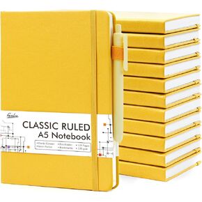 feela 12 Pack Notebooks Journals Bulk with 12 Black Pens, A5 Hardcover Notebook Classic Ruled Journal Set with Pen Holder for School Business Work Travel Writing, 120 GSM, 5.1"x8.3", Black