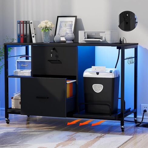 Lateral File Cabinet 2 Drawer with Lock and Shredder Stand, Rolling File Cabinet with Outlet and LED Light, Mobile Printer Stand with Storage, Home Office Cabinet for Letter Legal Size, Black in Saudi Arabia