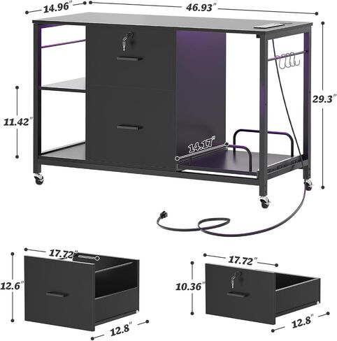 Lateral File Cabinet 2 Drawer with Lock and Shredder Stand, Rolling File Cabinet with Outlet and LED Light, Mobile Printer Stand with Storage, Home Office Cabinet for Letter Legal Size, Black in Saudi Arabia