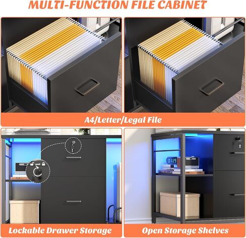 Lateral File Cabinet 2 Drawer with Lock and Shredder Stand, Rolling File Cabinet with Outlet and LED Light, Mobile Printer Stand with Storage, Home Office Cabinet for Letter Legal Size, Black in Saudi Arabia