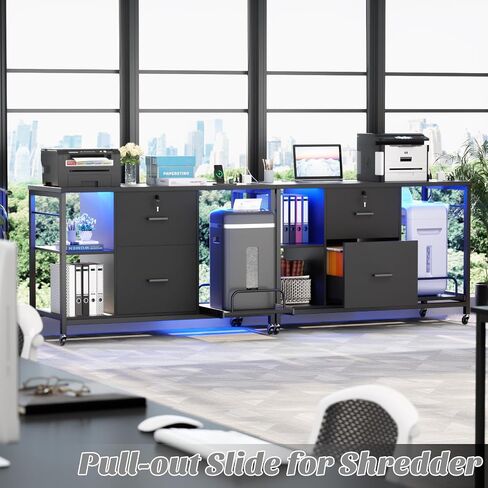 Lateral File Cabinet 2 Drawer with Lock and Shredder Stand, Rolling File Cabinet with Outlet and LED Light, Mobile Printer Stand with Storage, Home Office Cabinet for Letter Legal Size, Black in Saudi Arabia