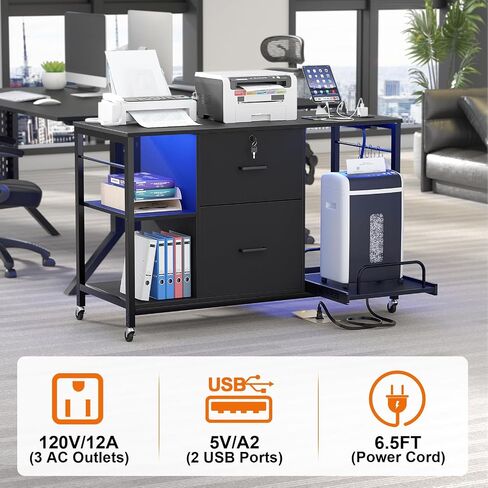 Lateral File Cabinet 2 Drawer with Lock and Shredder Stand, Rolling File Cabinet with Outlet and LED Light, Mobile Printer Stand with Storage, Home Office Cabinet for Letter Legal Size, Black in Saudi Arabia