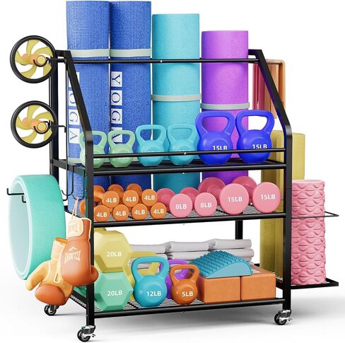 Coonoor Home Gym Storage Rack, Weight Rack for Dumbbell, Kettlebells, Workout Equipment, Yoga Mats Holder, Gym Organizer with Wheels and Hooks in Saudi Arabia