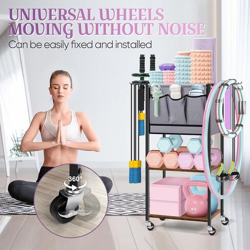 رف تخزين لصالة الألعاب الرياضية المنزلية - رف تخزين بساط اليوجا لبساط اليوجا والدامبل وأسطوانة الرغوة وحزام اليوجا ومنظم معدات التمرين مع خطافات وعجلات، بني ريفي in Kuwait