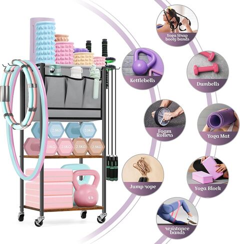 رف تخزين لصالة الألعاب الرياضية المنزلية - رف تخزين بساط اليوجا لبساط اليوجا والدامبل وأسطوانة الرغوة وحزام اليوجا ومنظم معدات التمرين مع خطافات وعجلات، بني ريفي in Kuwait