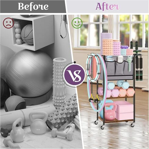 رف تخزين لصالة الألعاب الرياضية المنزلية - رف تخزين بساط اليوجا لبساط اليوجا والدامبل وأسطوانة الرغوة وحزام اليوجا ومنظم معدات التمرين مع خطافات وعجلات، بني ريفي in Kuwait